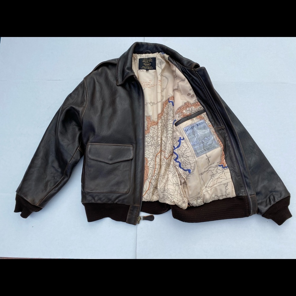 Schott NYC Black Leather Bomber Jacket with Map-Print Lining